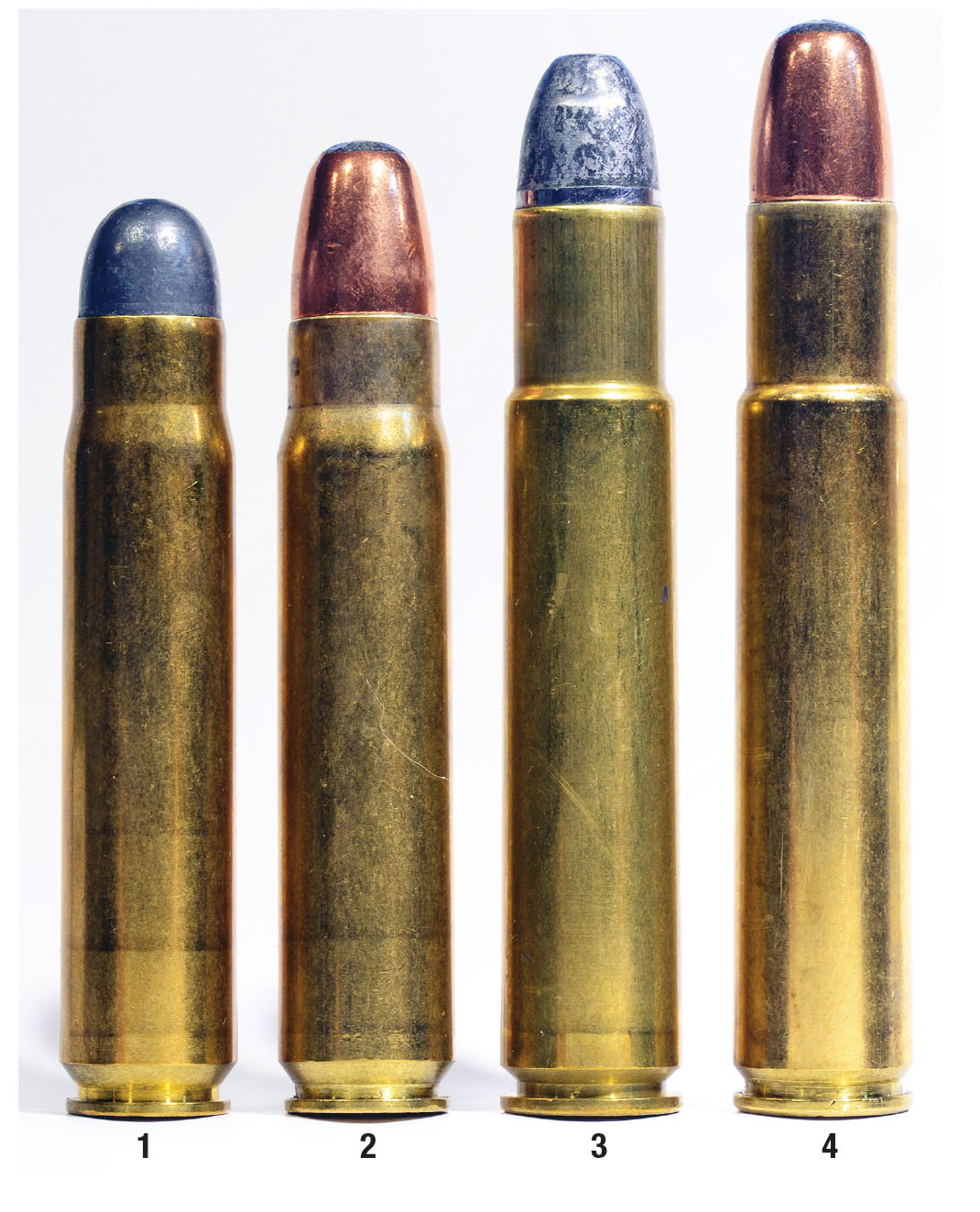 A (1) .500 Jeffery with a 480-grain cast bullet (practice load), (2) Swift 535-grain A-Frame, (3) .505 Gibbs with a 470-grain cast bullet (practice load) and (4) Swift 535-grain A-Frame.